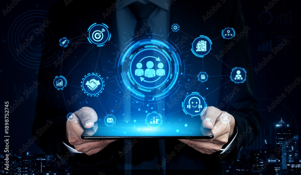 Fototapeta premium CRM platforms improve customer relationships through data analysis, CRM communication tools, and automation. CRM systems support customer management, tracking, and CRM relationship success. Entice