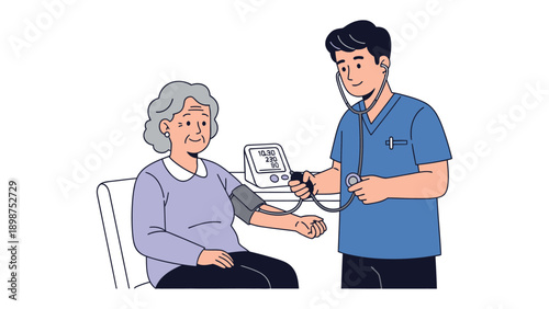 Medical Checkup: A kind caregiver takes the blood pressure of senior patient in a medical environment, fostering trust and providing support.