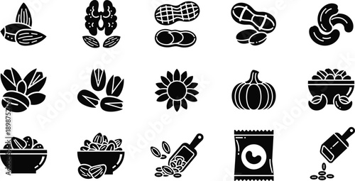 "Black silhouette nut and seed icon collection featuring almonds, peanuts, cashews, pistachios, sunflower seeds, pumpkin, bowls, and scoops for culinary, nutrition, and food branding projects"