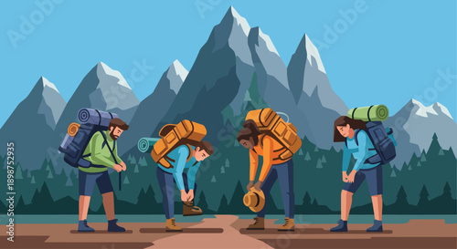 Group of hikers adjusting equipment before mountain trek.