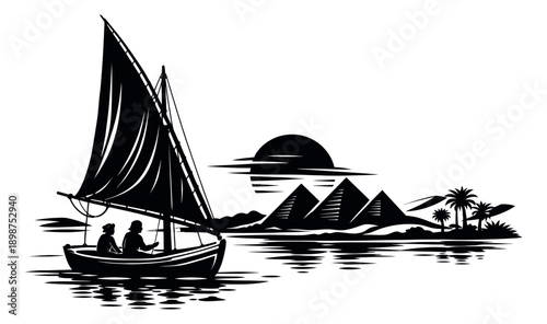 Graphic illustration of a felucca boat and pyramids depicting a sunset over the nile for travel in egypt