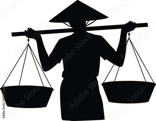 Asian farmer silhouette illustration carrying balance baskets on shoulder pole, traditional rural agriculture worker, heritage livelihood and cultural lifestyle concept isolated on white