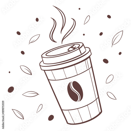 A cozy takeaway coffee cup with a coffee bean logo, steam rising in soft curves, surrounded by festive coffee bean confetti, minimal vector illustration on a white background.