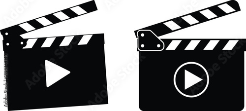 Two black and white film clapperboards with play buttons in the center