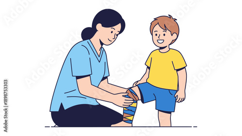 Wound Care: a healthcare professional carefully bandages a cheerful child's knee, symbolizing care and recovery.