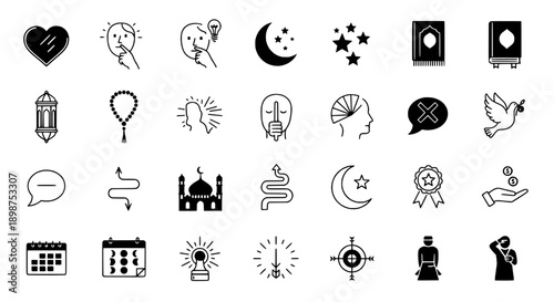 Set of Islamic and Eid Icons Ramadan Lantern, Prayer Beads, Mosque, Crescent Moon, and Calendar