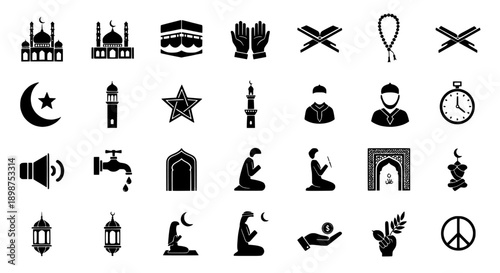 Elegant Black Silhouette Icons Illustrating Core Islamic Symbols, Prayer, and Cultural Practices