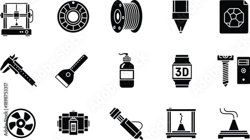 A set of black and white icons representing various aspects of 3d printing technology and manufacturing tools.