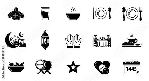 Comprehensive Collection of Ramadan and Islamic Culture Icons Celebrating Fasting, Prayer, and Community Traditions