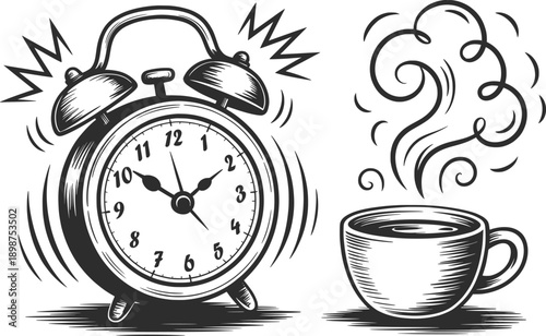 Morning Alarm Clock and Coffee Cup Illustration.