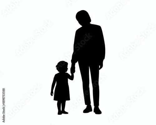Silhouette of an adult and child holding hands together outdoors. isolated on white background, Vector, illustration