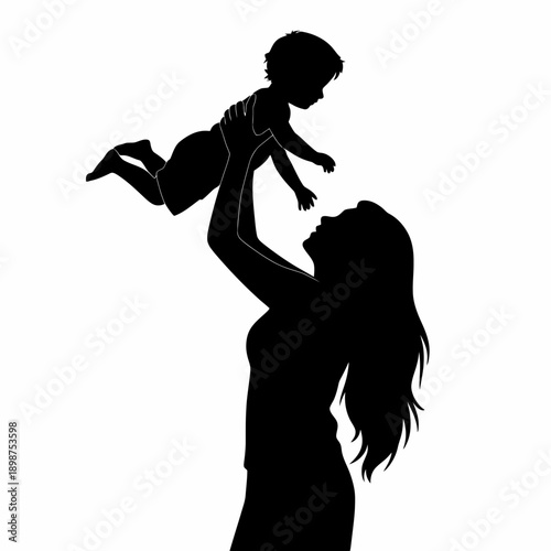 A silhouette of a mother holding her child above her head in joyful celebration. isolated on white background, Vector, illustration