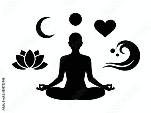A serene depiction of meditation with spiritual and natural elements surrounding the figure isolated on white background, Vector, illustration