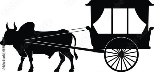 Bullock cart silhouette illustration, traditional rural ox cart with covered carriage, village transportation, agriculture lifestyle and heritage travel concept isolated on white