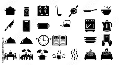 Comprehensive set of kitchen and dining silhouette icons for restaurant and cooking applications