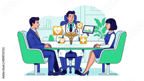 Consultation with Care: A doctor in a clean, professional office setting advises a patient on their health, capturing a moment of trust, empathy, and professional care.