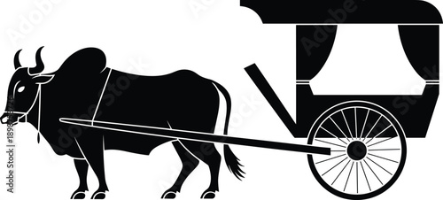 Bullock cart silhouette illustration, traditional rural ox cart transportation with wooden carriage, village farming culture and heritage travel concept isolated on white
