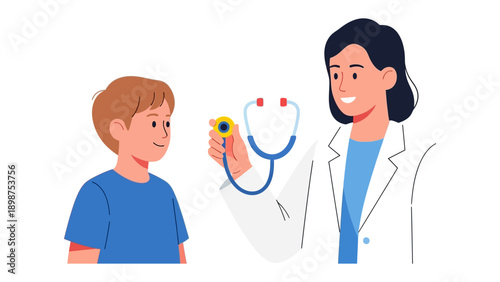 Pediatric Checkup Illustration: A caring doctor examines a young child's health with a stethoscope, highlighting the warmth of a medical environment and trust-based interaction.