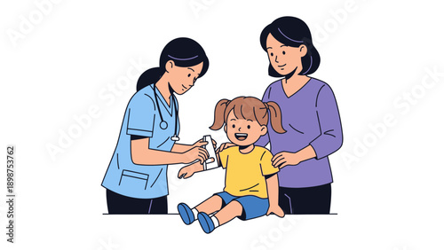 Gentle Care: A compassionate nurse carefully bandages a young child's arm under the watchful and supportive gaze of a loving parent, illustrating trust and care.