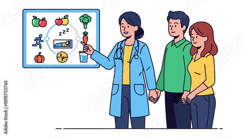 Healthy Habits: A medical professional, educating a couple on the pivotal elements of a healthy lifestyle with a comprehensive presentation. A symbol of wellness.