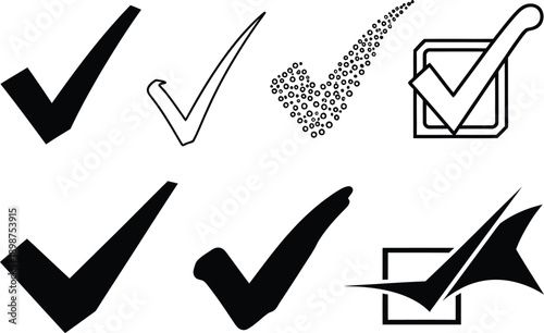 Various styles of checkmarks and approval symbols in black and white