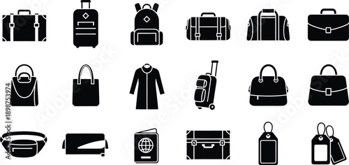 A collection of black silhouette icons representing various types of luggage and travel essentials.