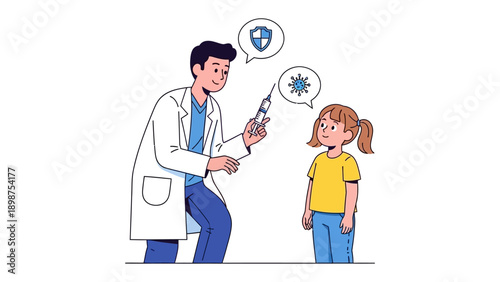 Medical Encounter: A friendly practitioner administers a vaccination to a young patient, symbolized by a shield and germ in thought bubbles, embodying healthcare and protection.