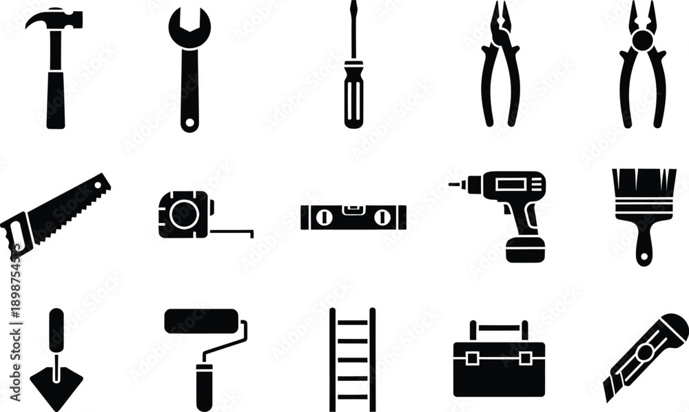 Obraz premium A collection of black silhouette icons showing essential hand tools and power tools for diy and construction projects