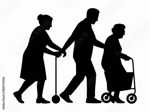 Elderly individuals using mobility aids for support and assistance isolated on white background, Vector, illustration