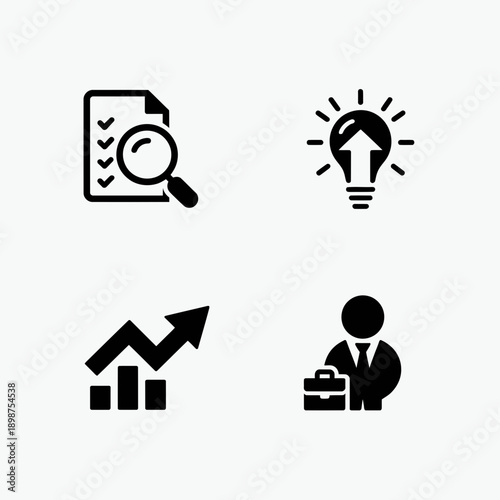 Business strategy icon set. Includes document analysis, idea generation, growth chart, and business professional symbols. Created in simple line style with black color.