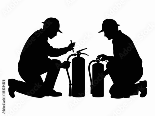 Two workers attending to a fire extinguisher during an emergency drill or inspection isolated on white background, Vector, illustration