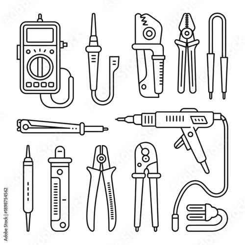 Electrical tool icon set. Includes multimeter, wire stripper, pliers, screwdrivers, and soldering iron. Created in line style with black and white palette