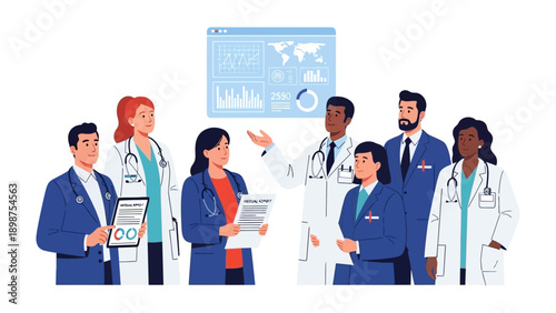 Medical Experts in Collaboration: A group of dedicated medical professionals collaborates, discussing data on a screen and working together in healthcare setting.
