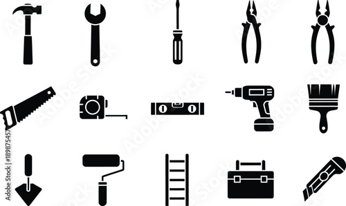 A collection of black silhouette icons showing essential hand tools and power tools for diy and construction projects