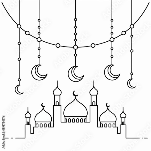 Illustration of a mosque with crescent moons and chandeliers hanging from the ceiling isolated on white background, Vector, illustration