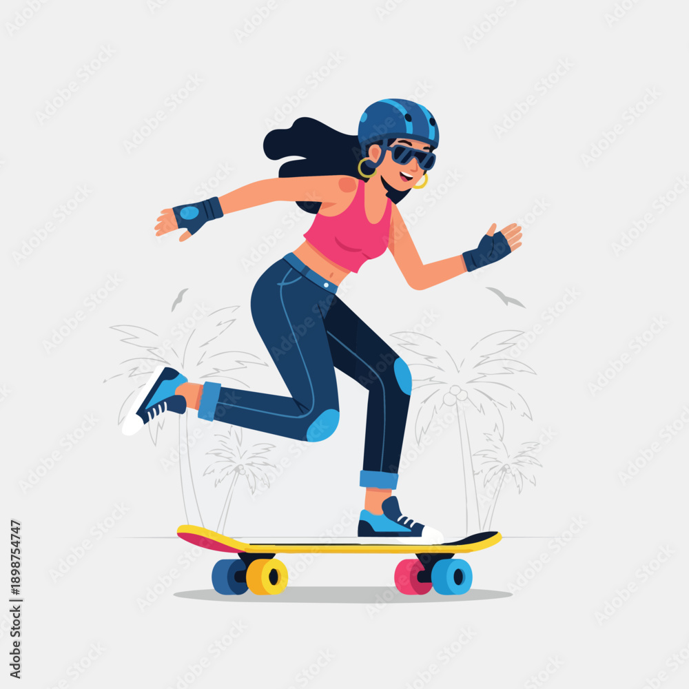 Naklejka premium Flat design side view of smiling young woman in blue helmet and sneakers riding yellow skateboard outdoors with palm trees