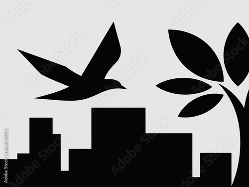 Bird and leaf silhouette over stylized city skyline isolated on white background, Vector, illustration