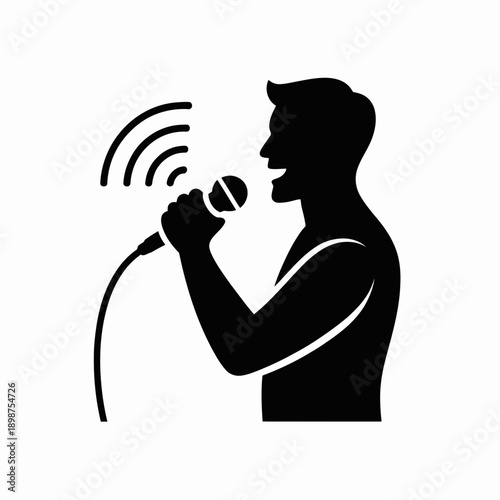 Black silhouette of a man singing into a microphone with sound waves