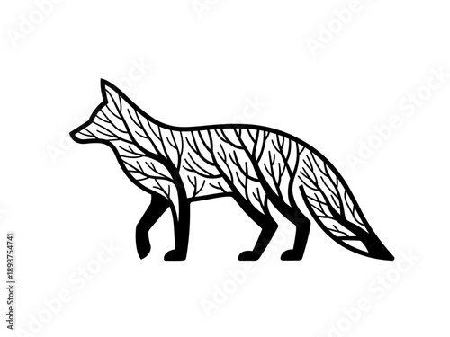 Stylized black and white illustration of a fox in a minimalist line art design isolated on white background, Vector, illustration