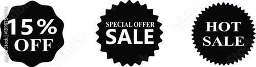 Sale stickers and promotional labels for advertising. Discount price tags for retail marketing, Tag new set, New label and tag.15%, 20%, 25%, 35%, 45%, 60%, 70%, 75% sale icon.	