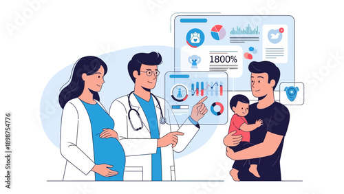 Healthy Family: A doctor shares a data report about a pregnant woman and a couple holding their baby, promoting a healthy lifestyle.