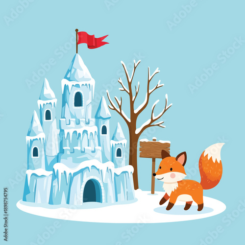 Cute fox walking near snow covered ice castle with red flag and bare tree in winter scene bright blue background