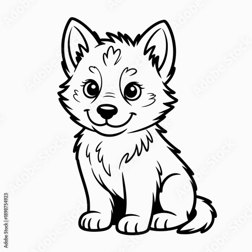 A charming black and white cartoon depiction of a sitting puppy with floppy ears and a bushy tail isolated on white background, Vector, illustration