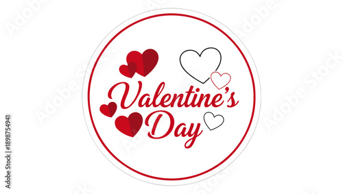 Valentine’s Day Decorative Sticker with Hearts and Stylish Cursive Text, Valentine's Day, love, romantic, sticker design, decorative sticker, heart icons, red hearts, outlined hearts, cursive text, 