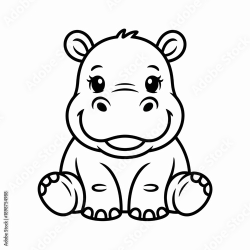A cute cartoon depiction of a baby hippopotamus sitting and smiling cheerfully isolated on white background, Vector, illustration