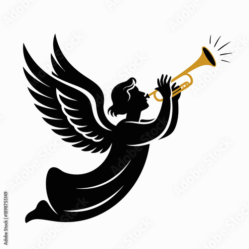 Black angel silhouette blowing trumpet vector icon