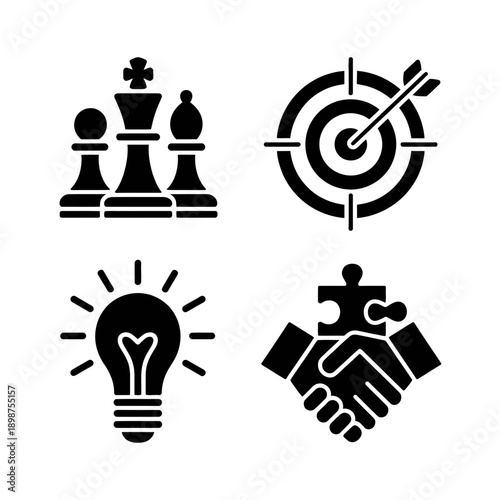 Four icons representing strategy, achievement, innovation, and collaboration isolated on white background, Vector, illustration