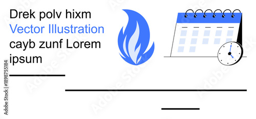 Time management, deadlines, project planning, event scheduling, abstract design, placeholder text. Blue flame icon next to a calendar with a clock. Time management and deadlines concept