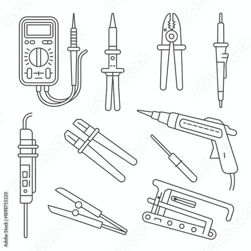 Electronics tool icon set. Includes multimeter, soldering iron, pliers, wire stripper, and screwdrivers. Created in line style with black and white palette