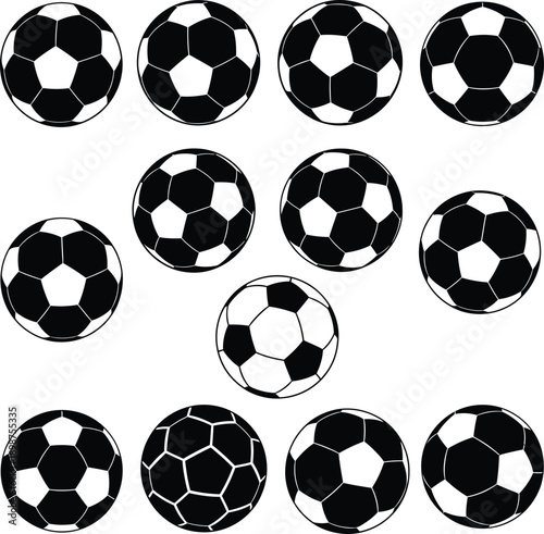 A collection of various soccer ball designs and patterns in a black and white color scheme